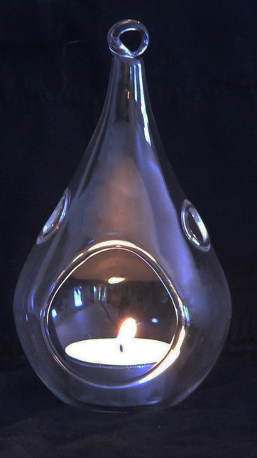 10 Pack of Hanging Clear Glass Tealight Candle Holder Tear Drop Pear Shape 12cm High Terrarium Plant Mini Garden Holder Decor - Petal & Stem
