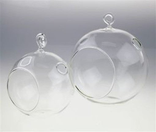10 x Hanging Clear Glass Ball Tealight Candle Holder 10cm Diameter / High - Petal & Stem