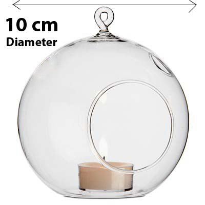 10 x Hanging Clear Glass Ball Tealight Candle Holder 10cm Diameter / High - Petal & Stem