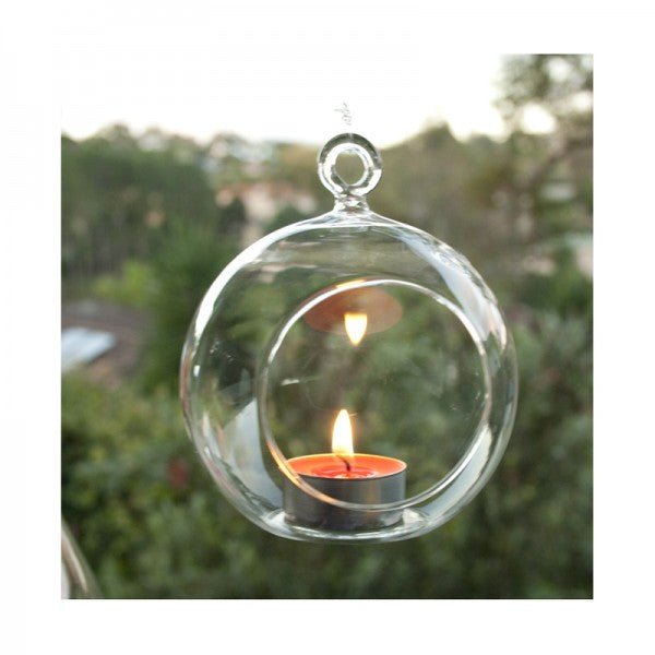 10 x Hanging Clear Glass Ball Tealight Candle Holder 8cm Diameter / High - Petal & Stem