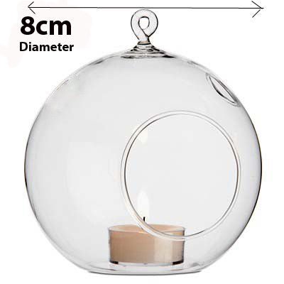 10 x Hanging Clear Glass Ball Tealight Candle Holder 8cm Diameter / High - Petal & Stem