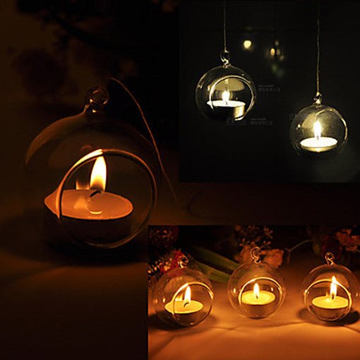 10 x Hanging Clear Glass Ball Tealight Candle Holder 8cm Diameter / High - Petal & Stem