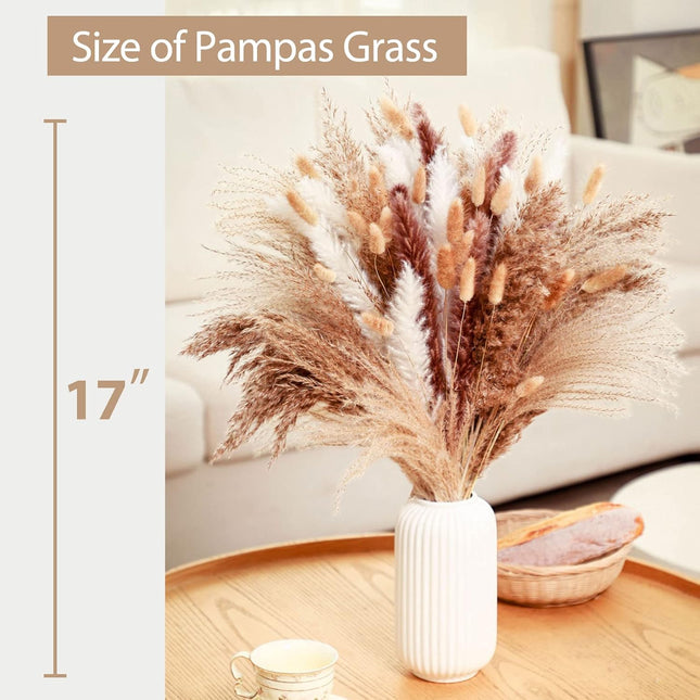 120 Pcs Dried Pampas Grass 17 Inch White Pompas Bouquet Fluffy Dry Pompous Bunny Tails Flower Small Pampass for Room Boho Home Farmhouse Decorations Wedding Pompass Flowers Arrangement Decor - Petal & Stem