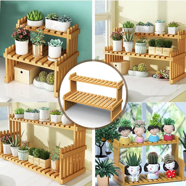 2 Tier Bamboo Plant Stand Flower Pot Rack Indoor Outdoor Patio Garden Shelf - Petal & Stem
