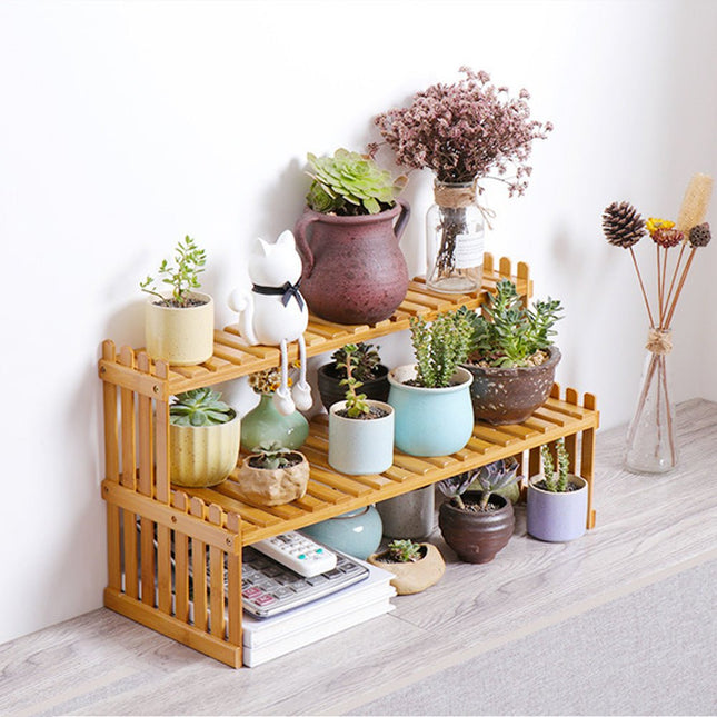2 Tier Bamboo Plant Stand Shelves Flower Pot Rack Garden Indoor Outdoor Patio - Petal & Stem