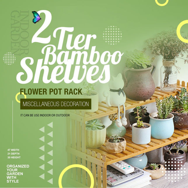 2 Tier Bamboo Plant Stand Shelves Flower Pot Rack Garden Indoor Outdoor Patio - Petal & Stem