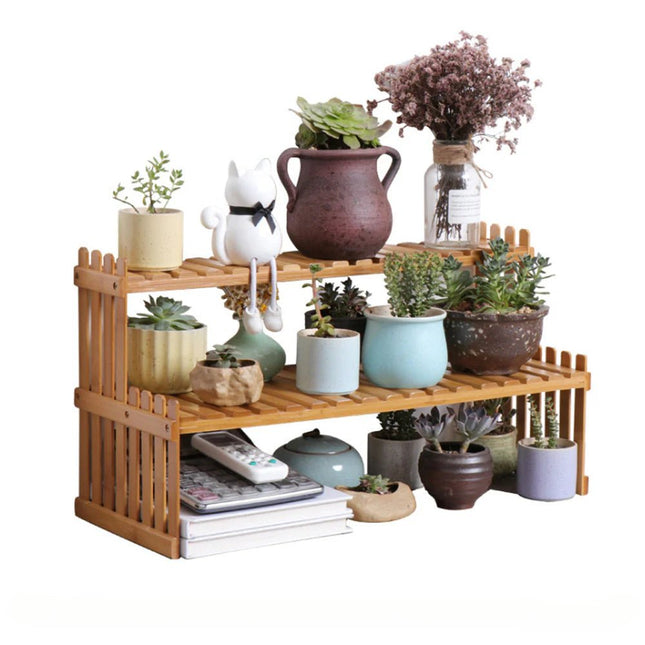 2 Tier Bamboo Plant Stand Shelves Flower Pot Rack Garden Indoor Outdoor Patio - Petal & Stem