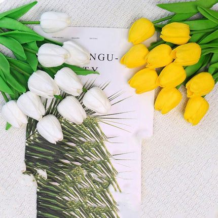 20PCS Real Touch Artificial Tulip Bouquet Fake Flowers for Home Wedding Decor Yellow - Petal & Stem