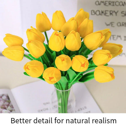 20PCS Real Touch Artificial Tulip Bouquet Fake Flowers for Home Wedding Decor Yellow - Petal & Stem