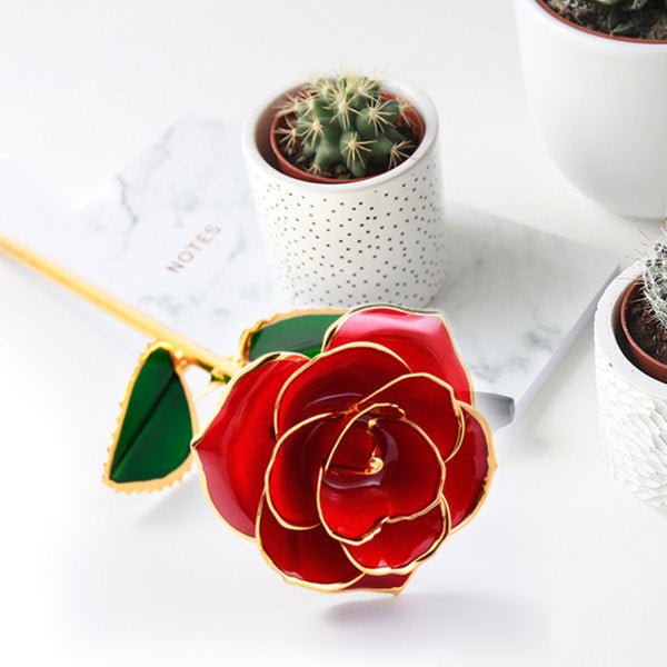 24K Gold Plated Rose, Dried Flower Kit with Gift Box and Display Stand, Rose Red - Petal & Stem