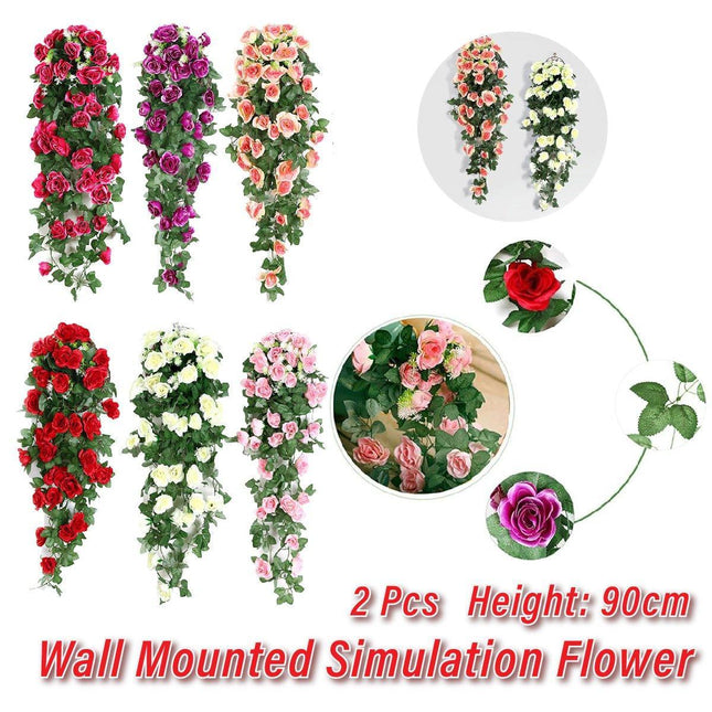2PCS Artificial Rose Flower Garland Hanging Vine Home Wall Decor Fake Rattan Purple - Petal & Stem