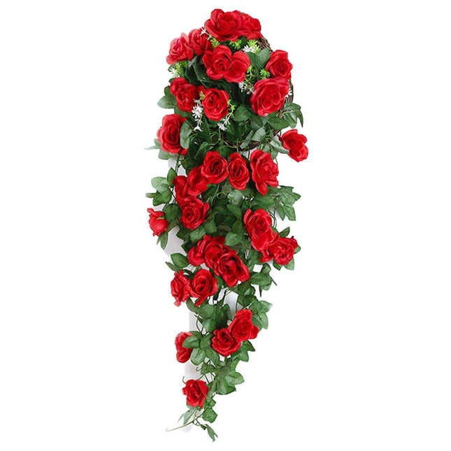 2PCS Artificial Rose Flower Garland Hanging Vine Home Wall Decor Fake Rattan Red - Petal & Stem