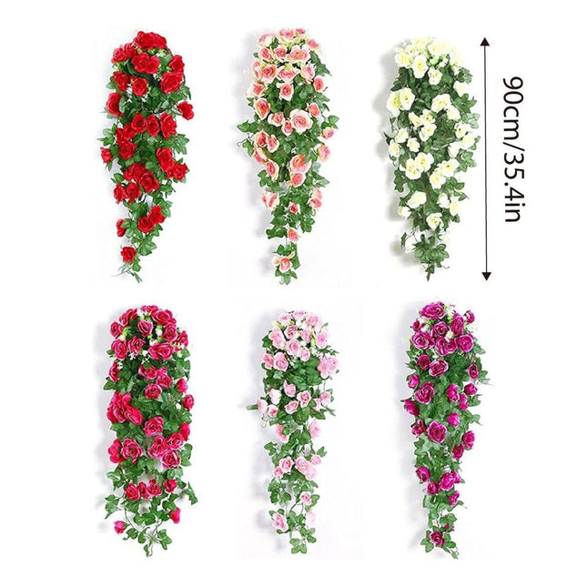 2PCS Artificial Rose Flower Garland Hanging Vine Home Wall Decor Fake Rattan Red - Petal & Stem