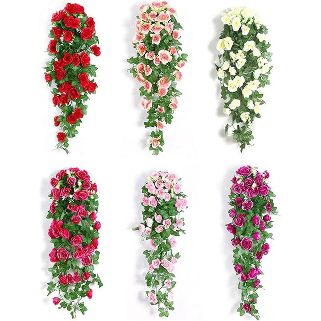 2PCS Artificial Rose Flower Garland Hanging Vine Home Wall Decor Fake Rattan Rose Red - Petal & Stem