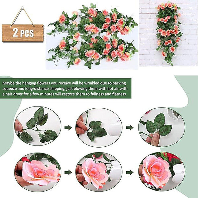 2PCS Artificial Rose Flower Garland Hanging Vine Home Wall Decor Fake Rattan Rose Red - Petal & Stem