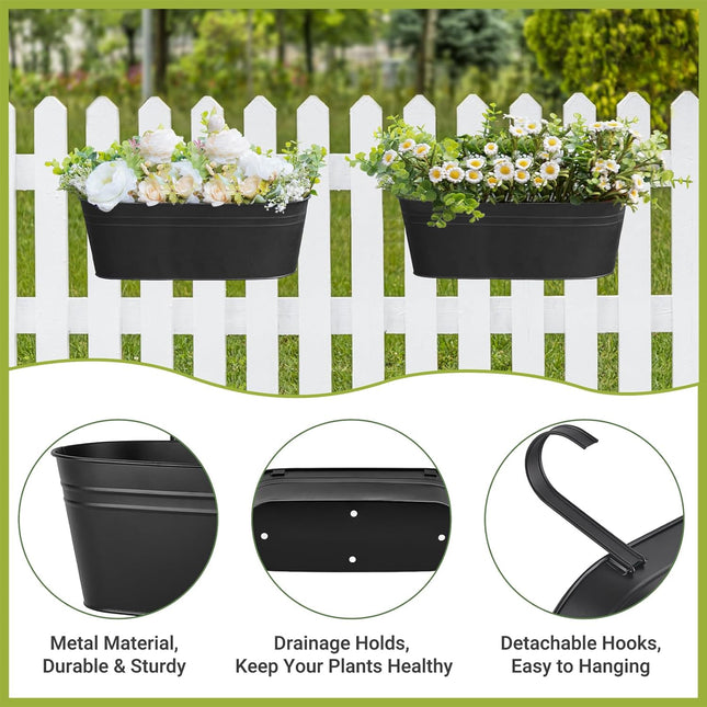 3 Pcs Metal Hanging Flower Pots for Railing Fence Outdoor Planter 15.7 Inch Hanging Bucket Pots Black - Petal & Stem