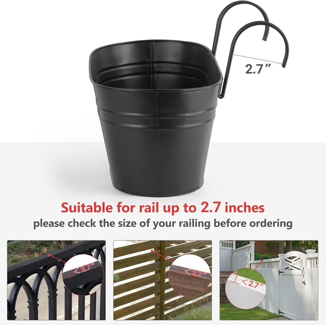 3 Pcs Metal Hanging Flower Pots for Railing Fence Outdoor Planter 15.7 Inch Hanging Bucket Pots Black - Petal & Stem