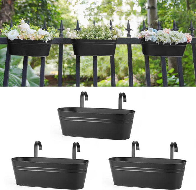 3 Pcs Metal Hanging Flower Pots for Railing Fence Outdoor Planter 15.7 Inch Hanging Bucket Pots Black - Petal & Stem