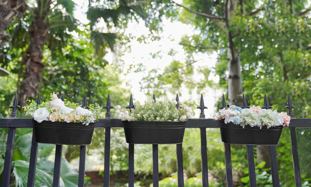 3 Pcs Metal Hanging Flower Pots for Railing Fence Outdoor Planter 15.7 Inch Hanging Bucket Pots Black - Petal & Stem