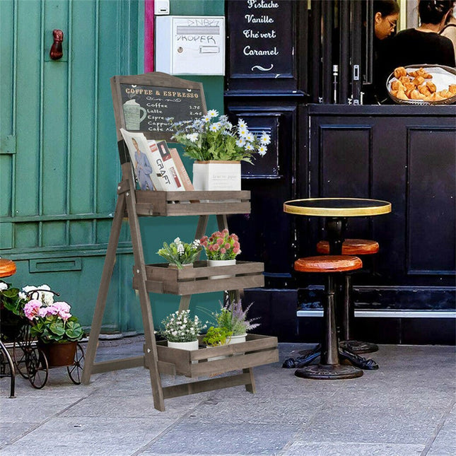 3 Tier A Frame Wooden Sidewalk Sign Chalkboard With Display Shelf Planter Stand - Petal & Stem