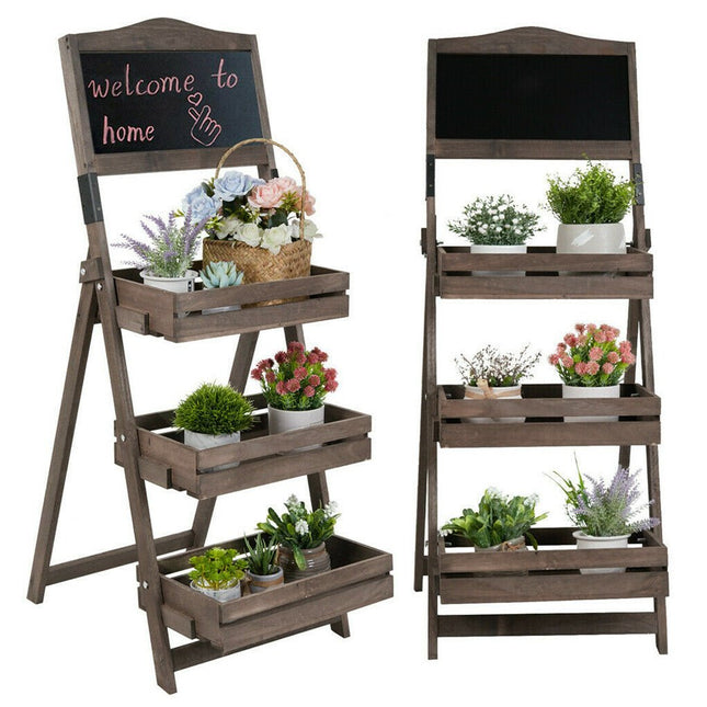 3 Tier A Frame Wooden Sidewalk Sign Chalkboard With Display Shelf Planter Stand - Petal & Stem