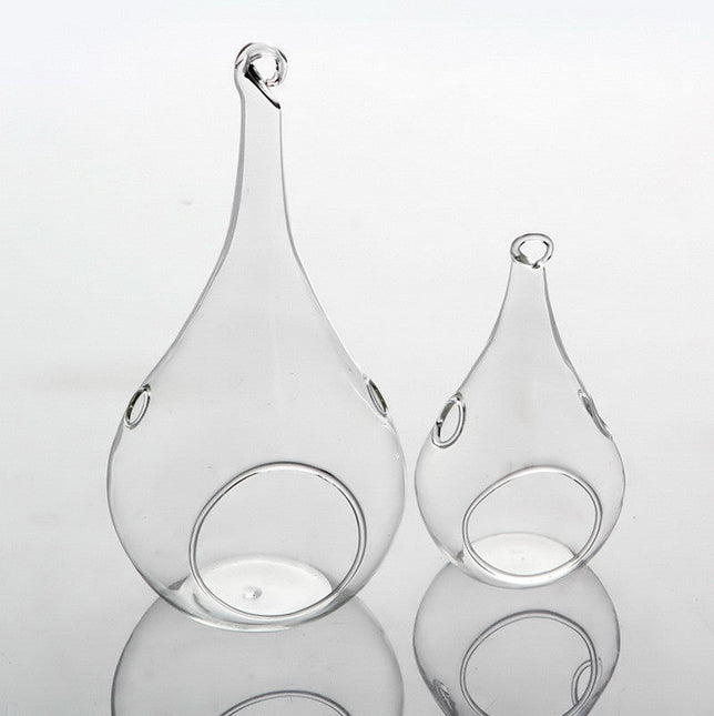 4 Pack of Hanging Clear Glass Tealight Candle Holder Tear Drop Pear Hour Glass Shape 20cm High Terrarium Plant Mini Garden Holder Decoration Craft Gift - Petal & Stem