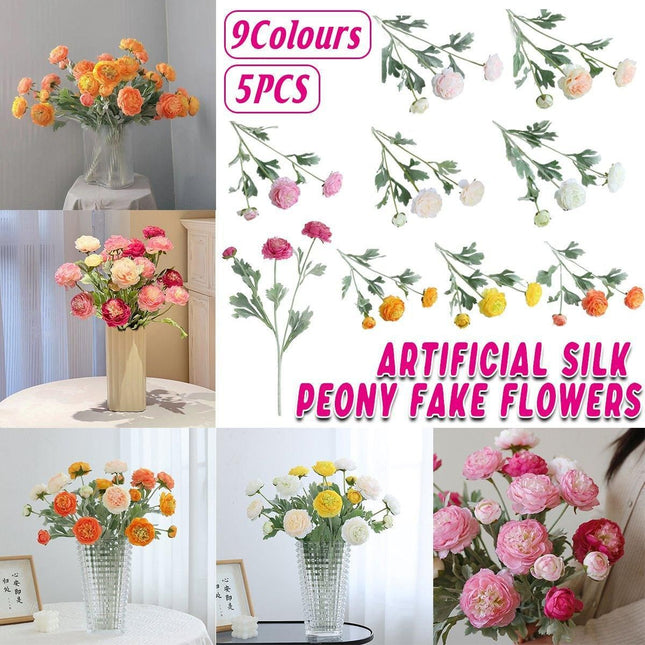 5pcs Artificial Peony Silk Flowers Bouquet Decor Faux Floral Arrangements Champagne - Petal & Stem