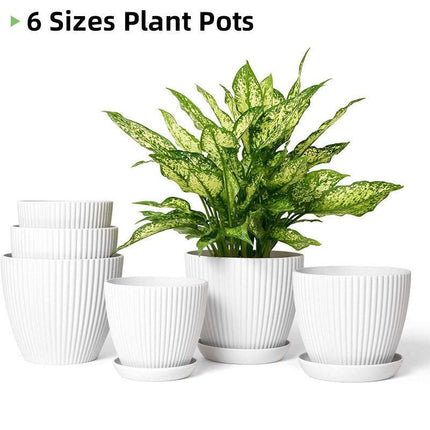6PCS Simple Plastic Round Plant Pots Vertical Stripes Flower Pot Green Gardening Green - Petal & Stem