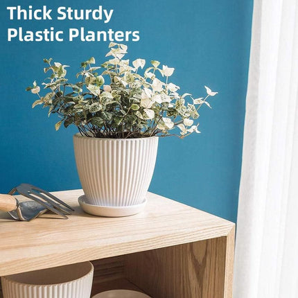 6PCS Simple Plastic Round Plant Pots Vertical Stripes Flower Pot Green Gardening Green - Petal & Stem