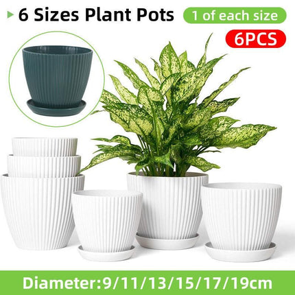 6PCS Simple Plastic Round Plant Pots Vertical Stripes Flower Pot Green Gardening Green - Petal & Stem