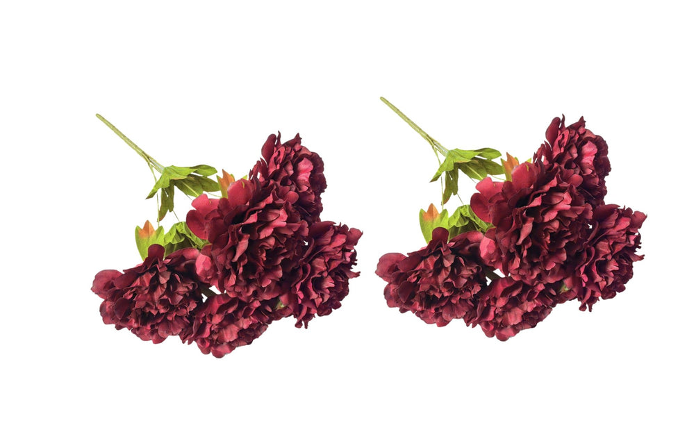 Artificial Bloomed Peony Bunch (Set of 2 Bunches) 45cm with 5 Flowers Each Maroon - Petal & Stem