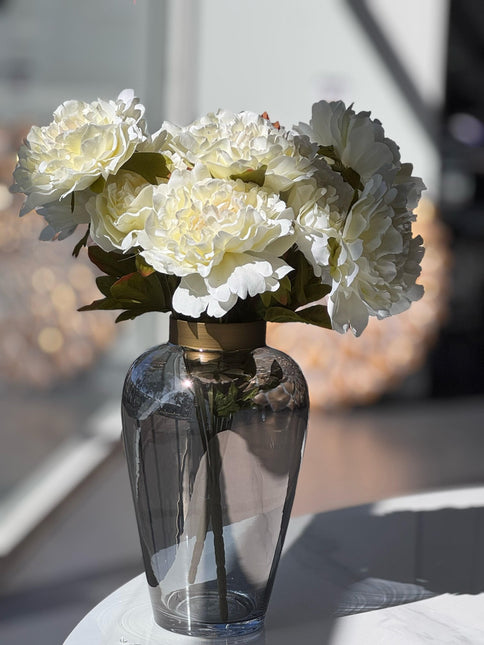 Artificial Bloomed Peony Bunch Set of 2 Bunches 45cm with 5 Flowers Each White - Petal & Stem