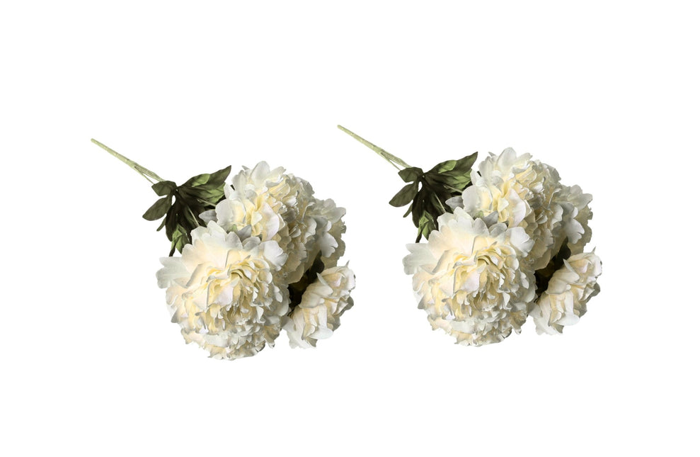 Artificial Bloomed Peony Bunch Set of 2 Bunches 45cm with 5 Flowers Each White - Petal & Stem