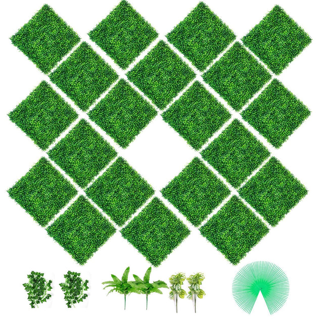 Artificial Boxwood Panels, 20 PCS 20\"x20\" Boxwood Hedge Wall Panels, PE Artificial Grass Backdrop Wall - Petal & Stem
