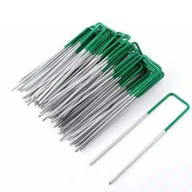Artificial Grass Roll Pegs / Fake Grass Galvanized Metal Pegs With Green Top 100 Pieces - Petal & Stem
