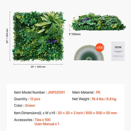 Artificial Grass Wall Panels, 12 PCS 20 x 20 inch, 3D Combination Greenery Boxwood Panel - Petal & Stem
