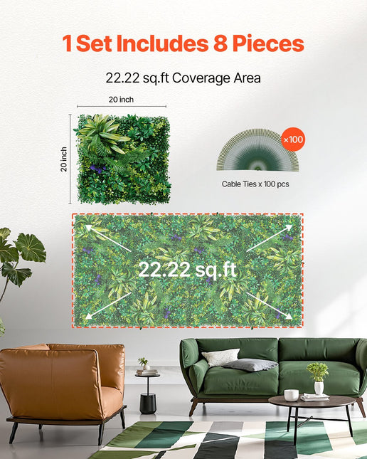Artificial Grass Wall Panels, 8 PCS 20 x 20 inch, 3D Combination Greenery Boxwood Panel for Indoor Outdoor Green Decor & Ivy Fence Covering, Privacy Backdrop Wall Hedge Screen for Garden - Petal & Stem