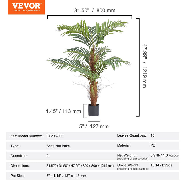 Artificial Palm Tree, 1219mm Tall Faux Plant, Secure PE Material & Anti Tip Tilt Protection Low Maintenance Plant - Petal & Stem