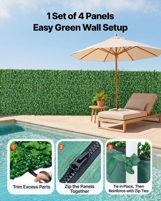 Artificial Plant Wall, 4 PCS 61 x 243.8 cm Artificial Boxwood Panels, Sun Protection Greenery Backdrop - Petal & Stem