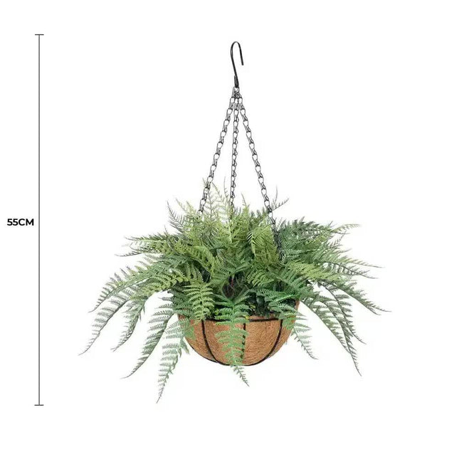 Artificial Potted Fern Hanging Basket (Fresh Green) UV Resistant 55cm - Petal & Stem