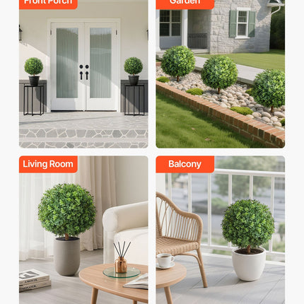 Artificial Topiary Boxwood Trees with Ground Spike, 2 Set 559mm Faux Shrubs & Bushes Potted Plants, Fake Silk Tree - Petal & Stem