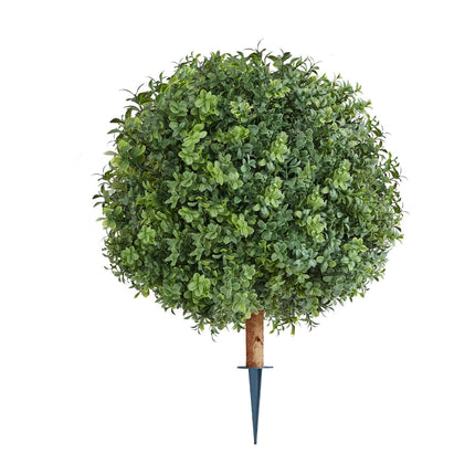 Artificial Topiary Boxwood Trees with Ground Spike, 2 Set 559mm Faux Shrubs & Bushes Potted Plants, Fake Silk Tree - Petal & Stem