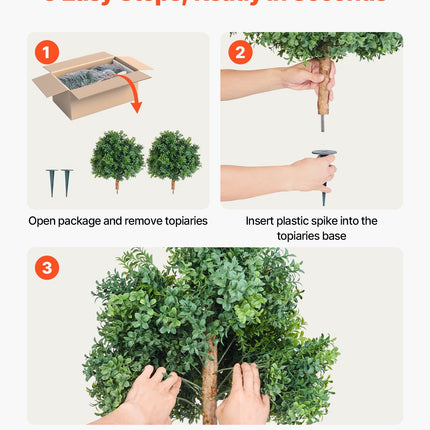 Artificial Topiary Boxwood Trees with Ground Spike, 2 Set 559mm Faux Shrubs & Bushes Potted Plants, Fake Silk Tree - Petal & Stem