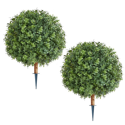 Artificial Topiary Boxwood Trees with Ground Spike, 2 Set 559mm Faux Shrubs & Bushes Potted Plants, Fake Silk Tree - Petal & Stem