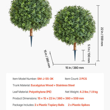 Artificial Topiary Boxwood Trees with Ground Spike, 2 Set 559mm Faux Shrubs & Bushes Potted Plants, Fake Silk Tree - Petal & Stem