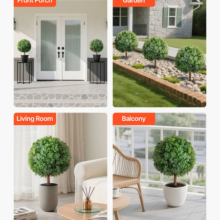 Artificial Topiary Boxwood Trees with Ground Spike, 2 Set 686mm Faux Shrubs & Bushes Potted Plants, Fake Silk Tree - Petal & Stem
