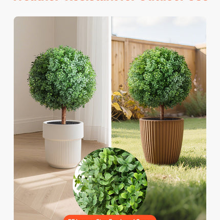 Artificial Topiary Boxwood Trees with Ground Spike, 2 Set 686mm Faux Shrubs & Bushes Potted Plants, Fake Silk Tree - Petal & Stem