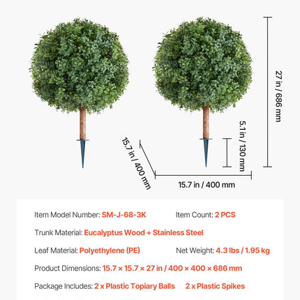 Artificial Topiary Boxwood Trees with Ground Spike, 2 Set 686mm Faux Shrubs & Bushes Potted Plants, Fake Silk Tree - Petal & Stem