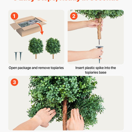 Artificial Topiary Boxwood Trees with Ground Spike, 2 Set 686mm Faux Shrubs & Bushes Potted Plants, Fake Silk Tree - Petal & Stem
