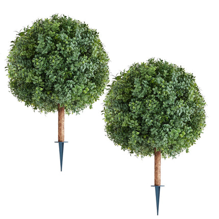 Artificial Topiary Boxwood Trees with Ground Spike, 2 Set 686mm Faux Shrubs & Bushes Potted Plants, Fake Silk Tree - Petal & Stem